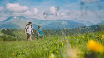 Couple walking through a green meadow in Morzine, surrounded by wildflowers and distant mountains.