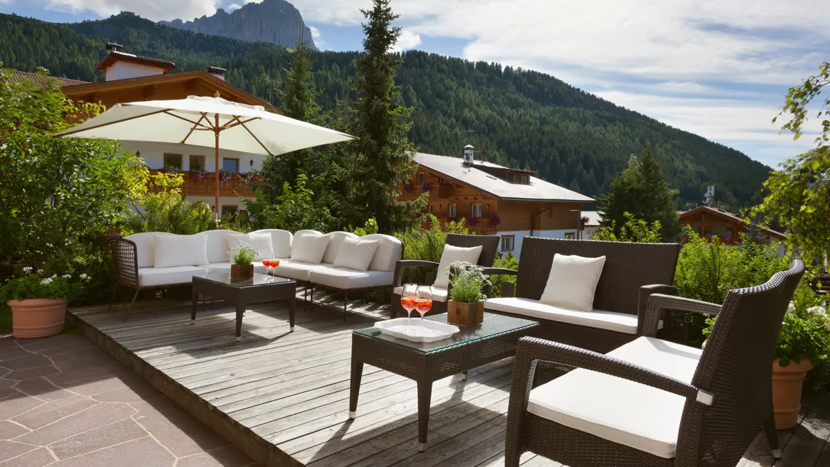 Italy, Dolomites, Selva, Mountain Home Garni Villa Anna, Terrace